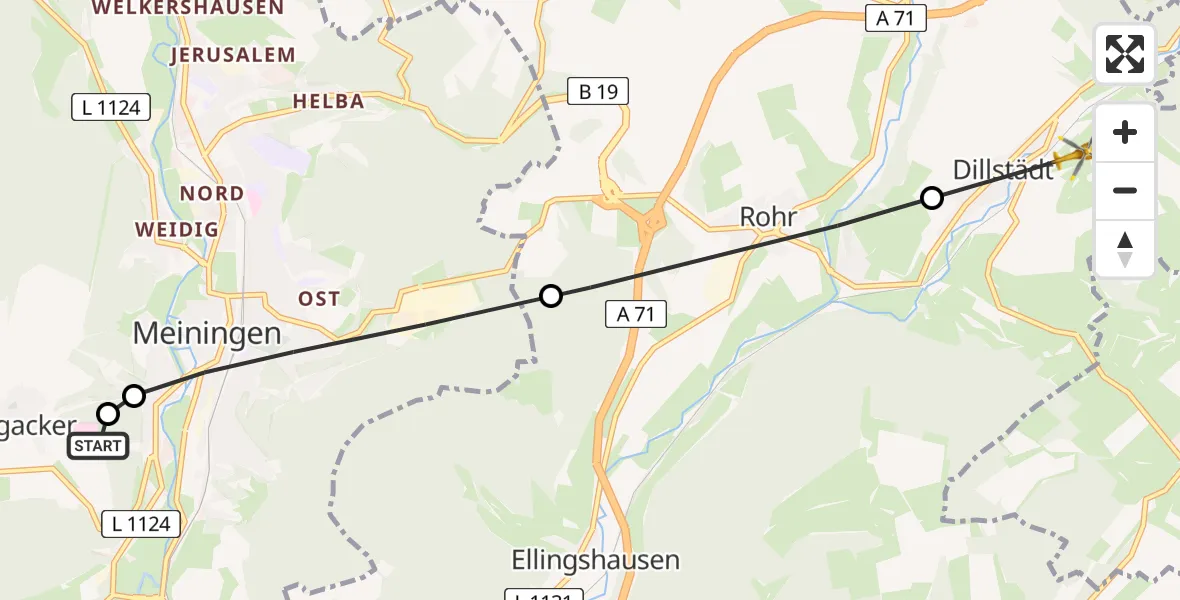 Flugroute Rettungshubschrauber Helios Clinic Meiningen - Dillstädt, 25 Mai 2026, 18:25