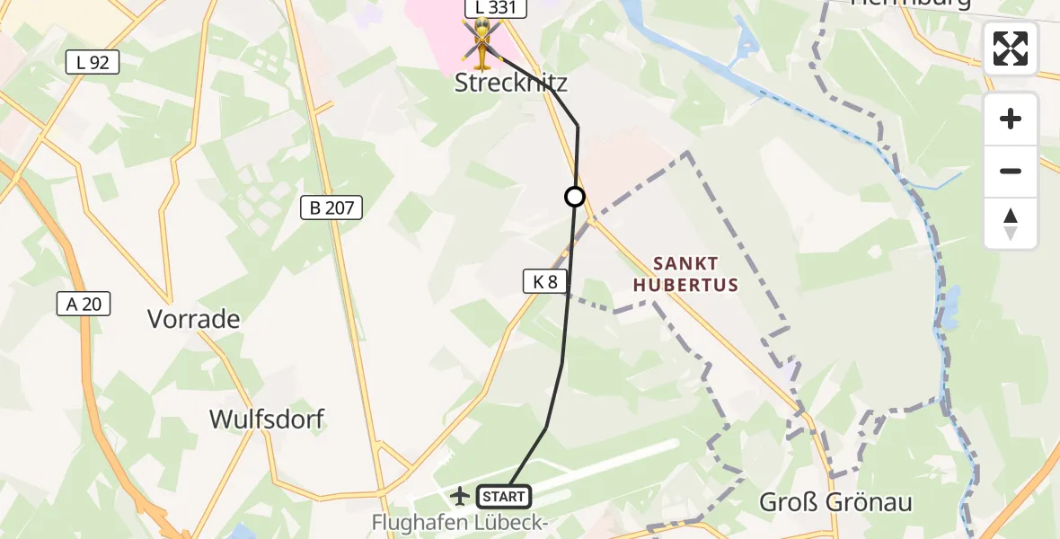 Flugroute Rettungshubschrauber Lübeck Blankensee Flughafen - Lübeck, 25 Mai 2026, 18:29