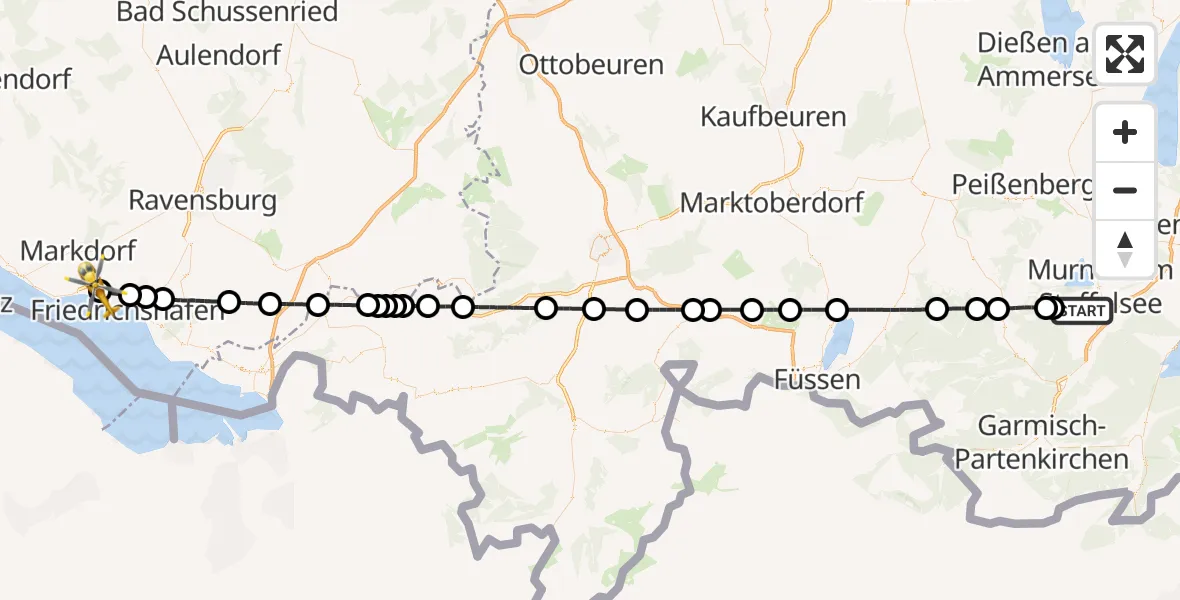 Flugroute Rettungshubschrauber Murnau a.Staffelsee - Friedrichshafen Hospital, 25 Mai 2026, 18:30