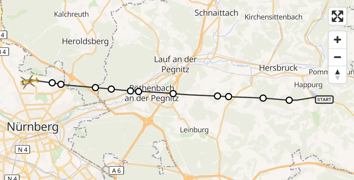 Flugroute Ambulanzhubschrauber Happurg - Flughafen Nuremberg, 25 Mai 2026, 18:39