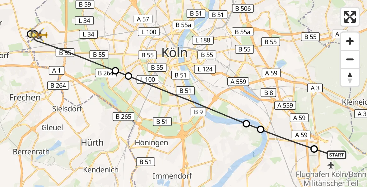 Flugroute Rettungshubschrauber Köln Bonn Flughafen - Köln, 25 Mai 2026, 18:40