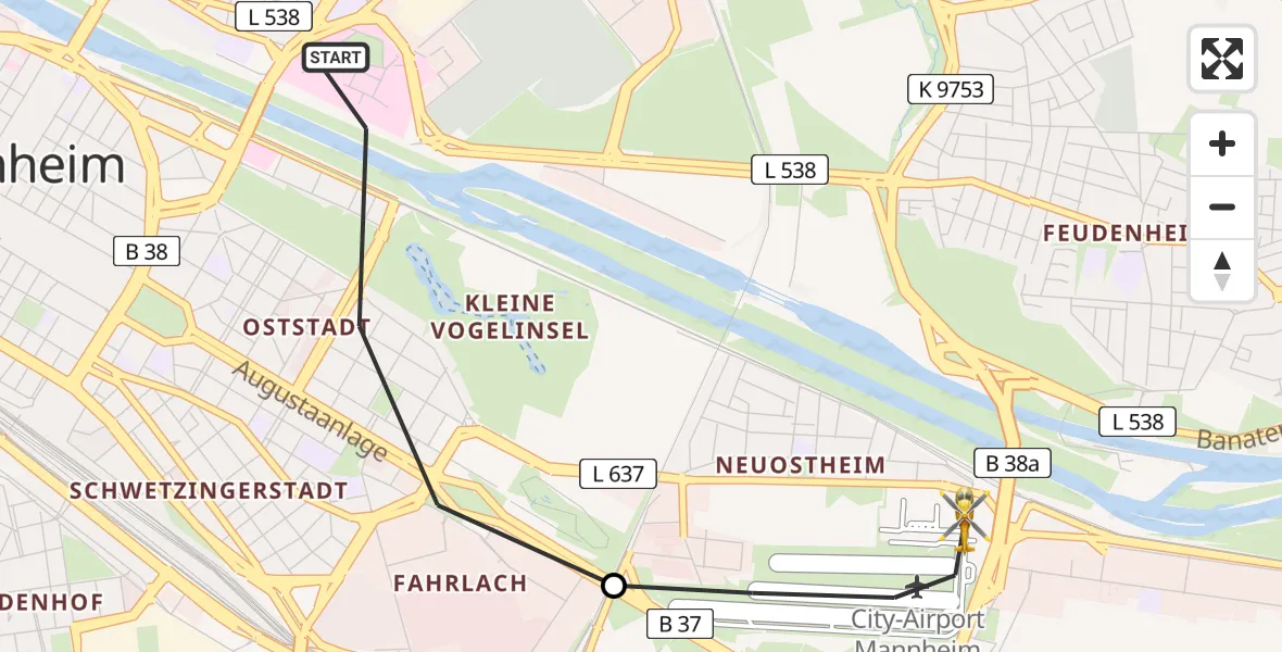 Flugroute Rettungshubschrauber Mannheim - Mannheim-City Flughafen, 25 Mai 2026, 18:53