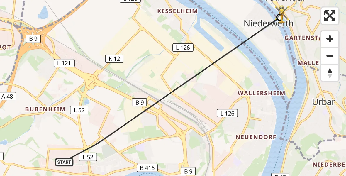 Flugroute Rettungshubschrauber Koblenz - Vallendar, 25 Mai 2026, 19:07