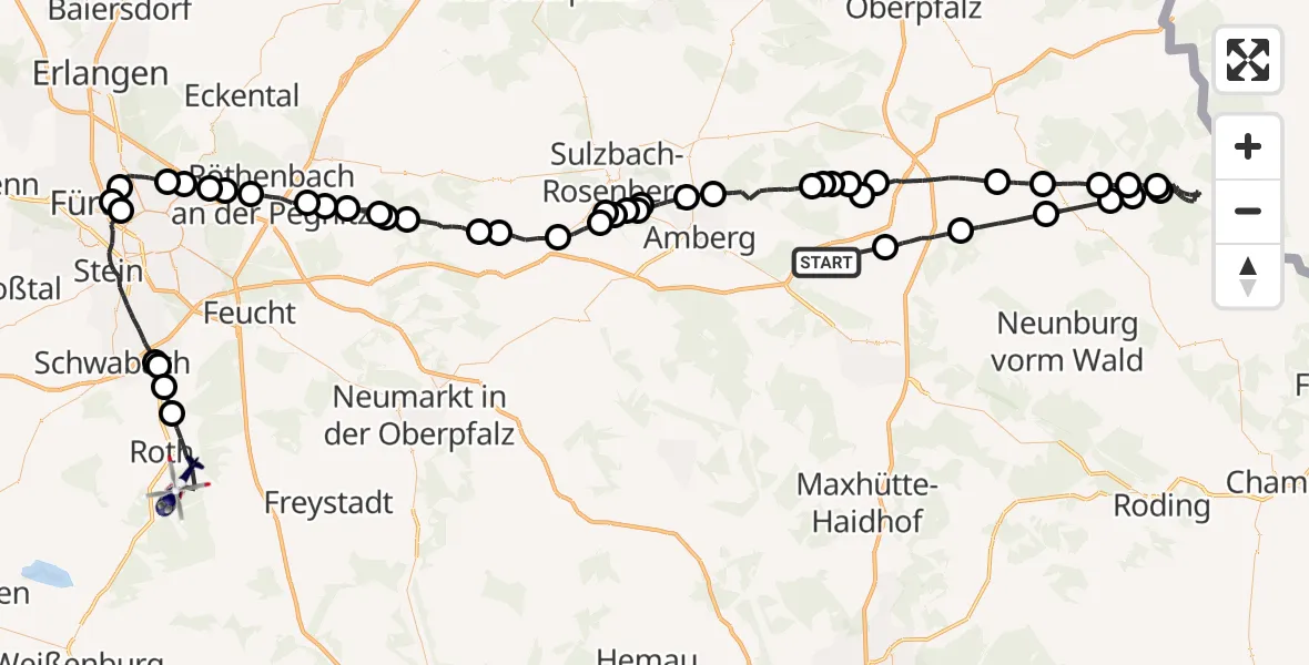Flugroute Polizeihubschrauber Schmidgaden - Roth, 25 Mai 2026, 19:08