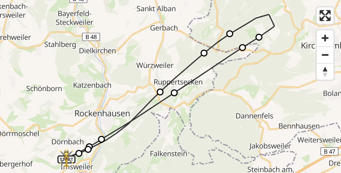 Flugroute Rettungshubschrauber Imsweiler UL - Imsweiler UL, 25 Mai 2026, 19:12