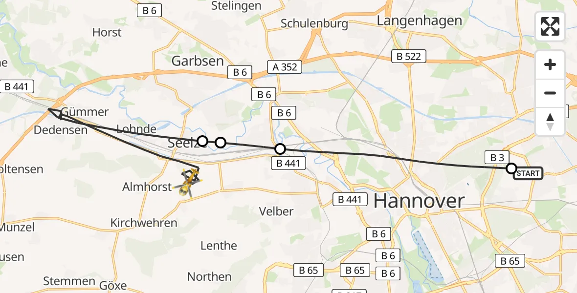Flugroute Rettungshubschrauber Hannover Luftrettung Hubschrauberlandeplatz (Christoph 4) - Seelze, 25 Mai 2026, 19:19