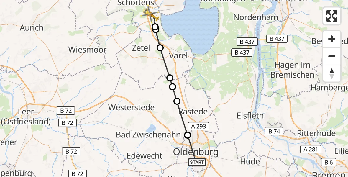 Flugroute Rettungshubschrauber Oldenburg (Oldb) - Sande, 25 Mai 2026, 19:20