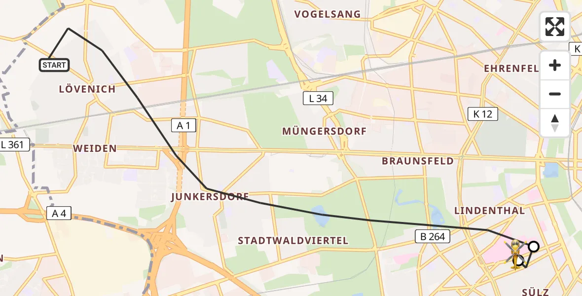 Flugroute Rettungshubschrauber Köln - Köln University Hospital, 25 Mai 2026, 19:22