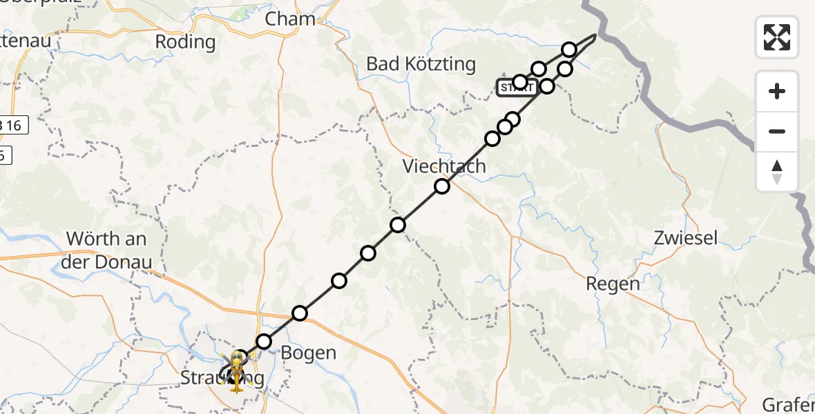 Flugroute Rettungshubschrauber Arnbruck - Sankt Elisabeth Hospital Straubing, 25 Mai 2026, 19:23
