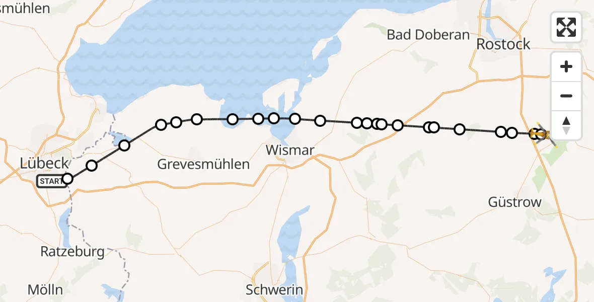 Flugroute Rettungshubschrauber Lübeck - Flughafen Rostock-Laage, 25 Mai 2026, 19:31
