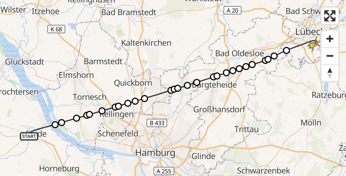 Flugroute Ambulanzhubschrauber Stade - Lübeck, 25 Mai 2026, 19:34