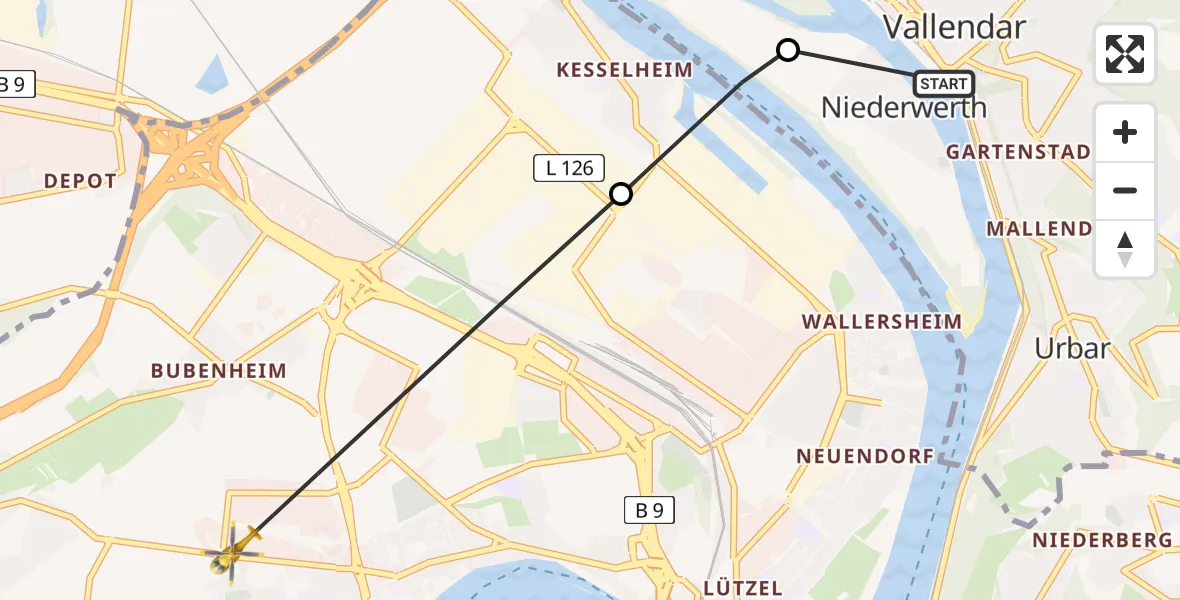 Flugroute Rettungshubschrauber Vallendar - Koblenz, 25 Mai 2026, 19:35