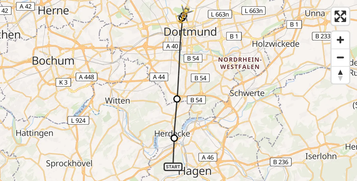 Flugroute Rettungshubschrauber Hagen - Dortmund Hospital North, 25 Mai 2026, 19:38