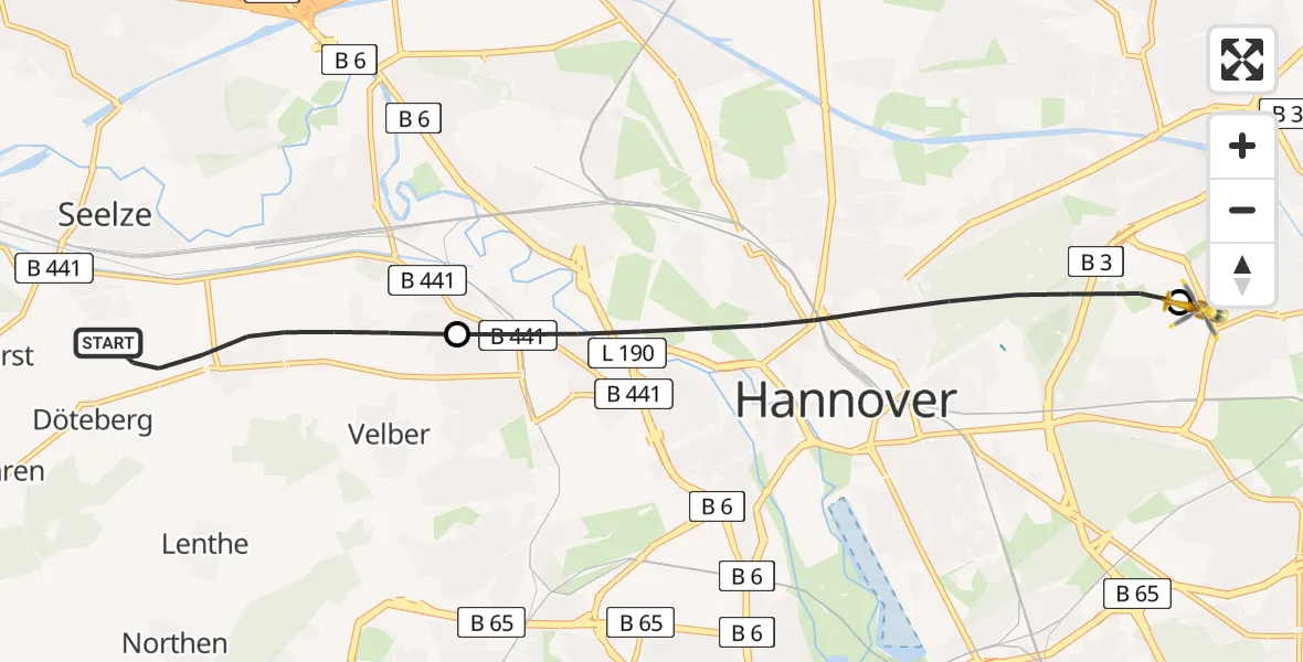 Flugroute Rettungshubschrauber Seelze - Hannover Luftrettung Hubschrauberlandeplatz (Christoph 4), 25 Mai 2026, 19:58