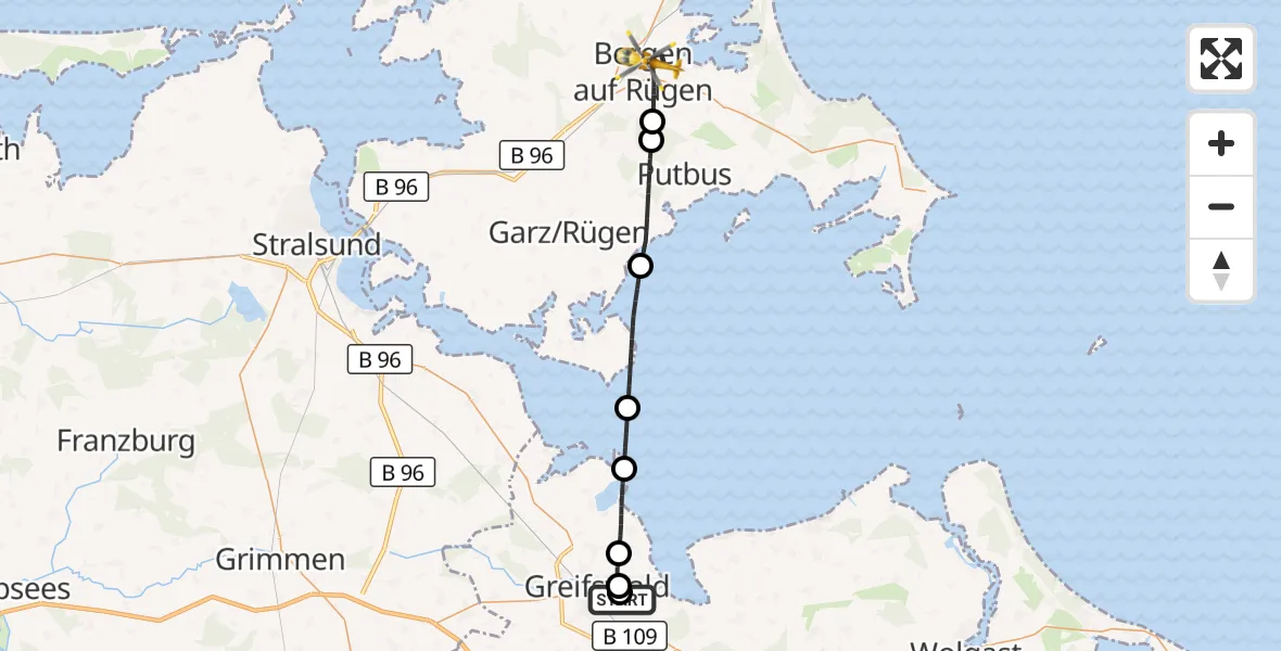 Flugroute Rettungshubschrauber Greifswald Hospital - Bergen auf Rügen, 25 Mai 2026, 20:16
