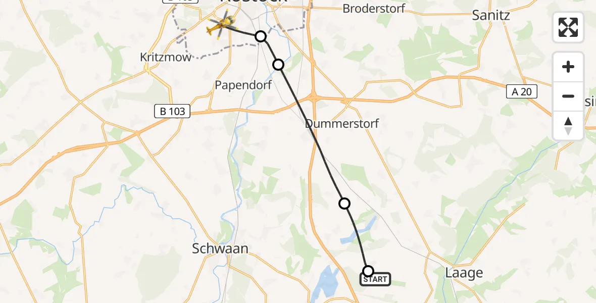 Flugroute Rettungshubschrauber Flughafen Rostock-Laage - Rostock, 25 Mai 2026, 20:21