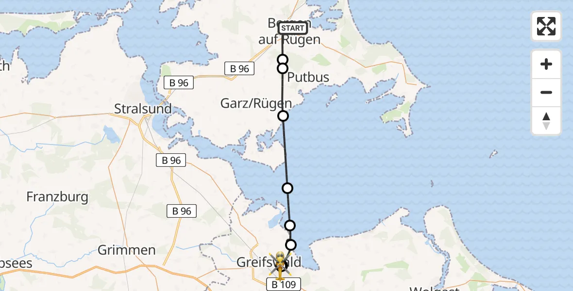 Flugroute Rettungshubschrauber Bergen auf Rügen - Greifswald Hospital, 25 Mai 2026, 20:58