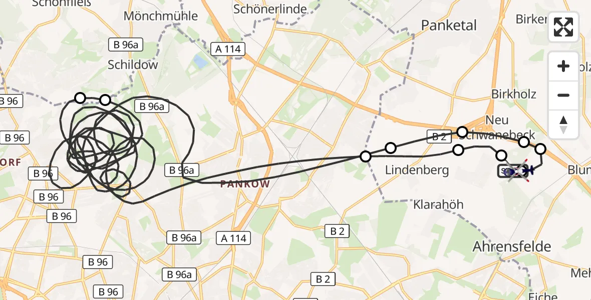 Flugroute Polizeihubschrauber Ahrensfelde Hubschrauberlandeplatz - Ahrensfelde Hubschrauberlandeplatz, 25 Mai 2026, 20:58