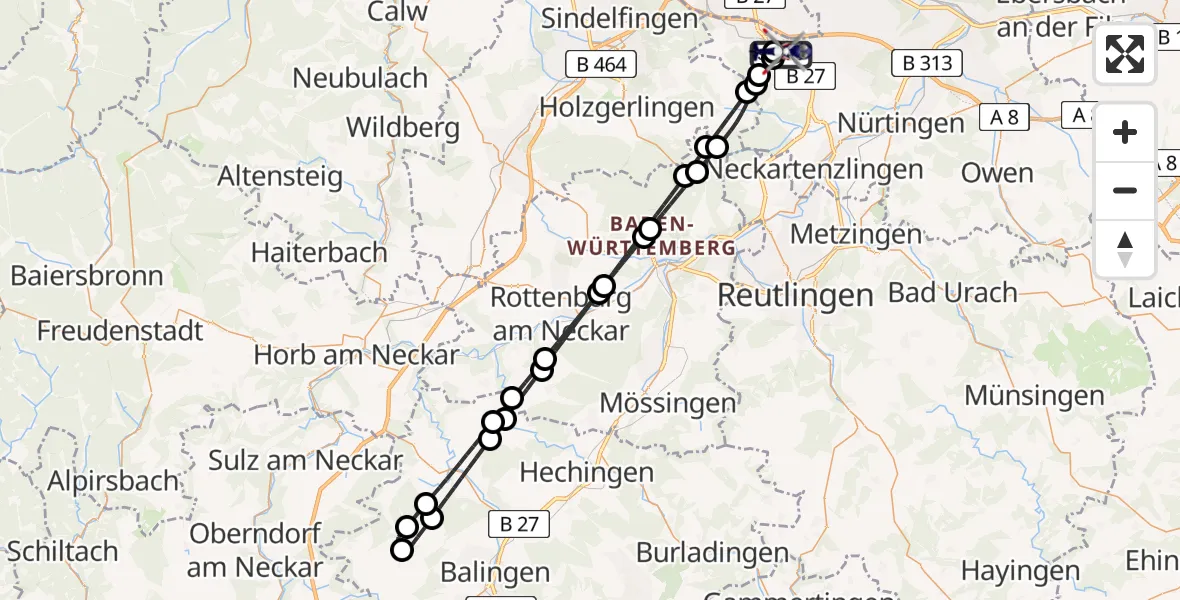 Flugroute Polizeihubschrauber Flughafen Stuttgart - Flughafen Stuttgart, 25 Mai 2026, 21:31