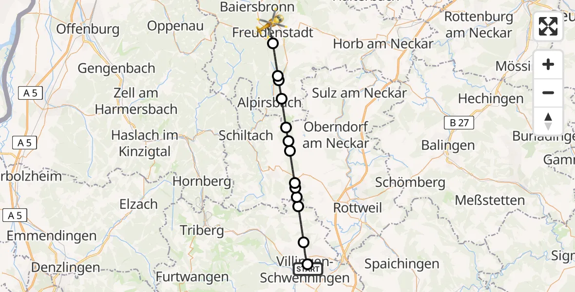 Flugroute Ambulanzhubschrauber DRF Air Rescue Station Villingen-Schwenningen Hubschrauberlandeplatz (Christoph 11) - Freudenstadt, 25 Mai 2026, 21:47