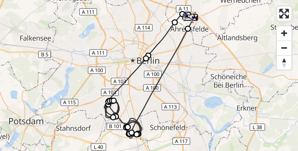 Flugroute Polizeihubschrauber Ahrensfelde Hubschrauberlandeplatz - Ahrensfelde Hubschrauberlandeplatz, 25 Mai 2026, 22:33