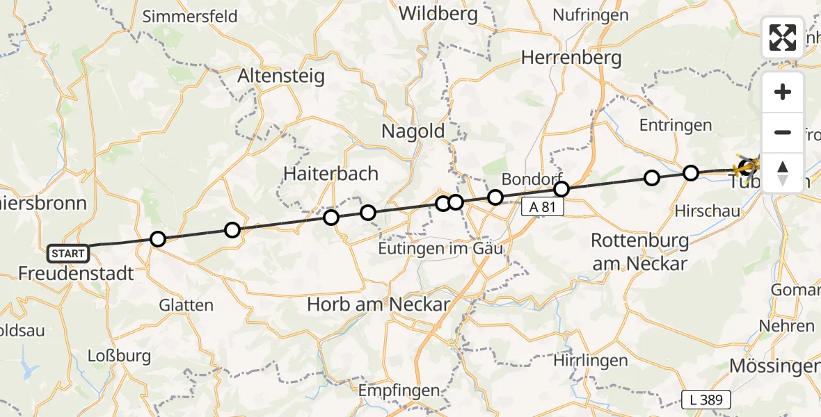 Flugroute Ambulanzhubschrauber Freudenstadt - Tübingen University Hospital, 25 Mai 2026, 22:49