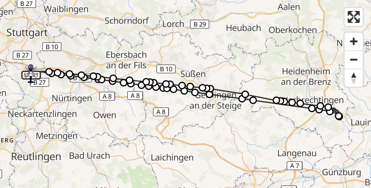 Flugroute Polizeihubschrauber Flughafen Stuttgart - Flughafen Stuttgart, 25 Mai 2026, 23:07