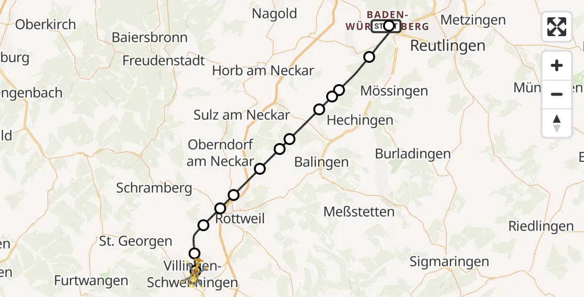 Flugroute Ambulanzhubschrauber Tübingen University Hospital - DRF Air Rescue Station Villingen-Schwenningen Hubschrauberlandeplatz (Christoph 11), 25 Mai 2026, 23:36
