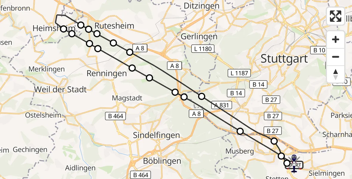Flugroute Polizeihubschrauber Flughafen Stuttgart - Flughafen Stuttgart, 26 Mai 2026, 01:15