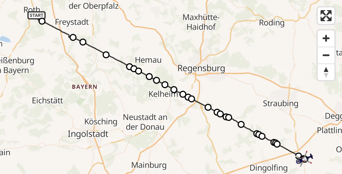 Flugroute Polizeihubschrauber Roth - Landau a.d.Isar, 26 Mai 2026, 01:29