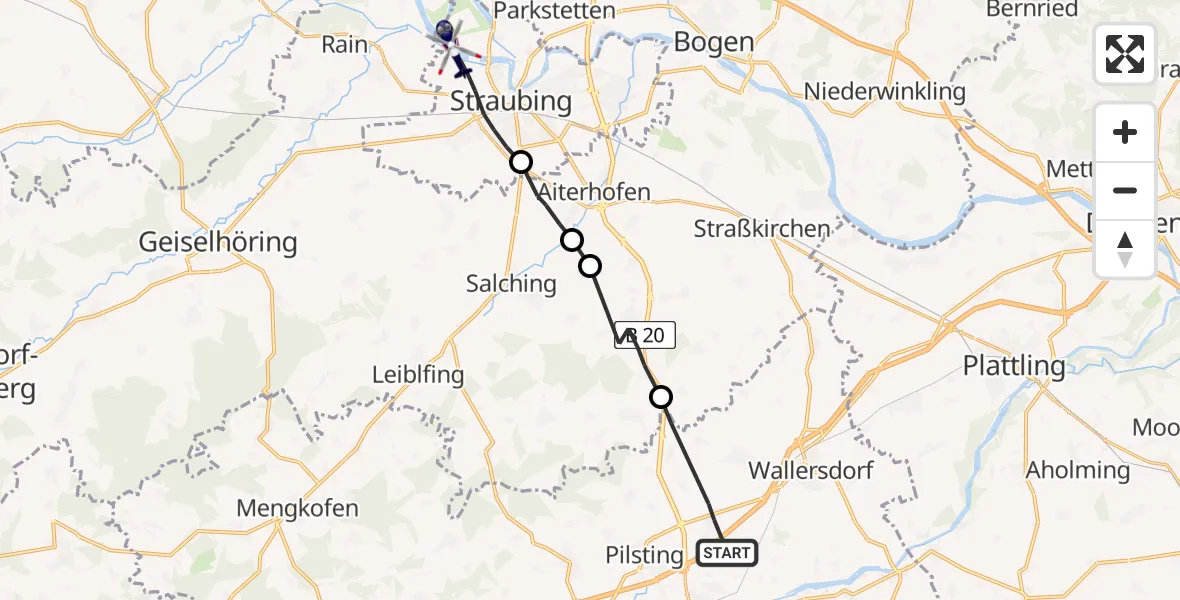 Flugroute Polizeihubschrauber Pilsting - Straubing, 26 Mai 2026, 02:42