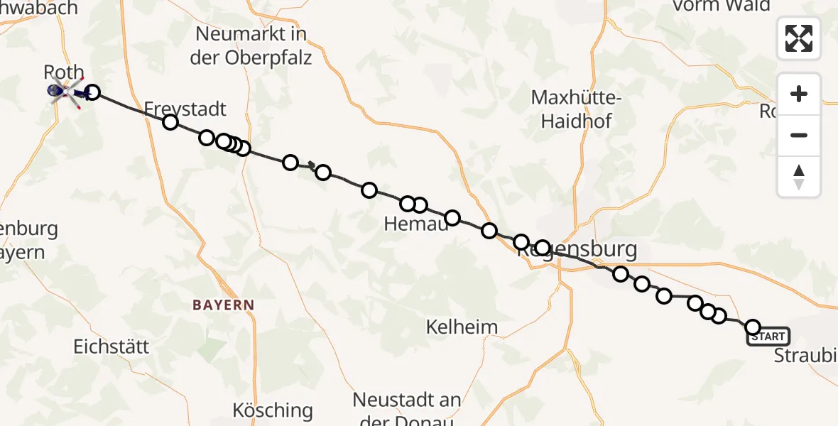 Flugroute Polizeihubschrauber Rain - Flugplatz Roth, 26 Mai 2026, 03:04