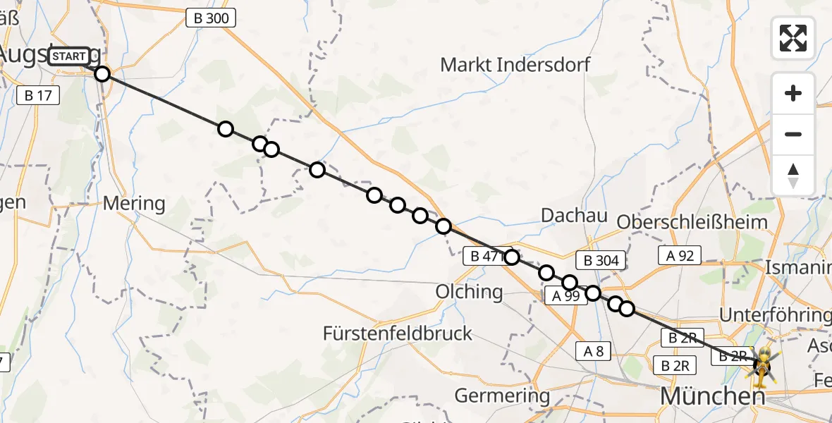 Flugroute Rettungshubschrauber Augsburg - München Bogenhausen Hospital, 26 Mai 2026, 03:05