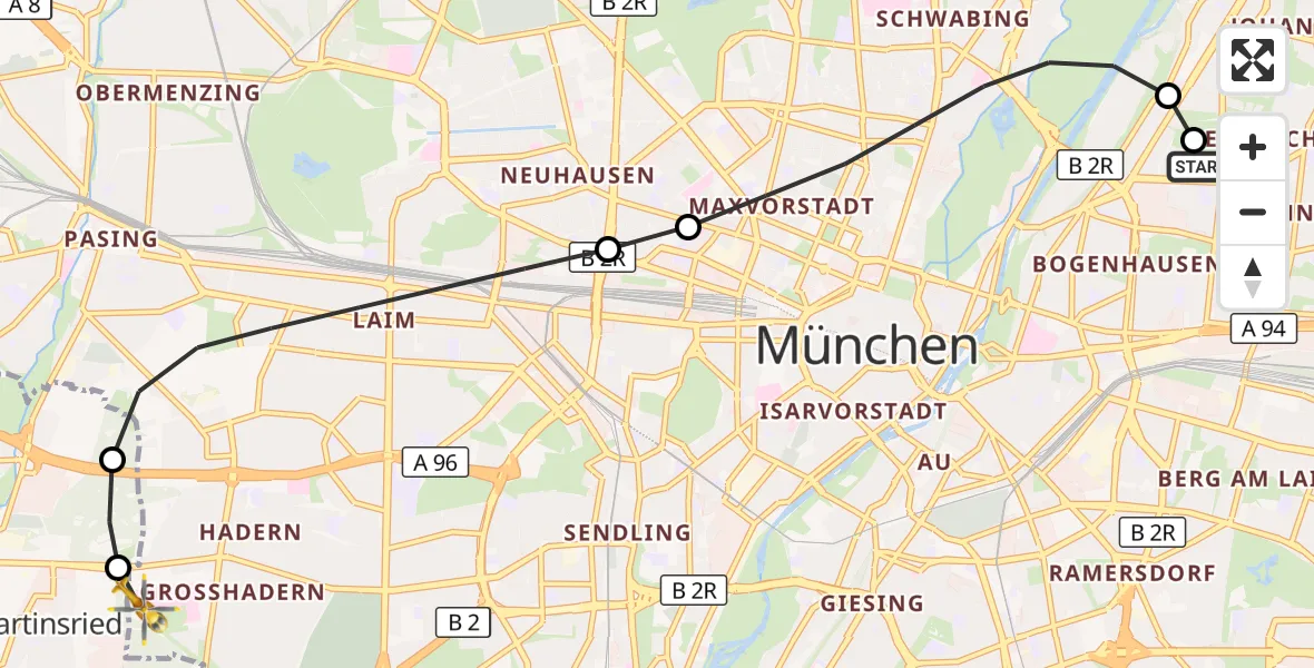 Flugroute Rettungshubschrauber München Bogenhausen Hospital - DRF Air Rescue München Hubschrauberlandeplatz, 26 Mai 2026, 03:42