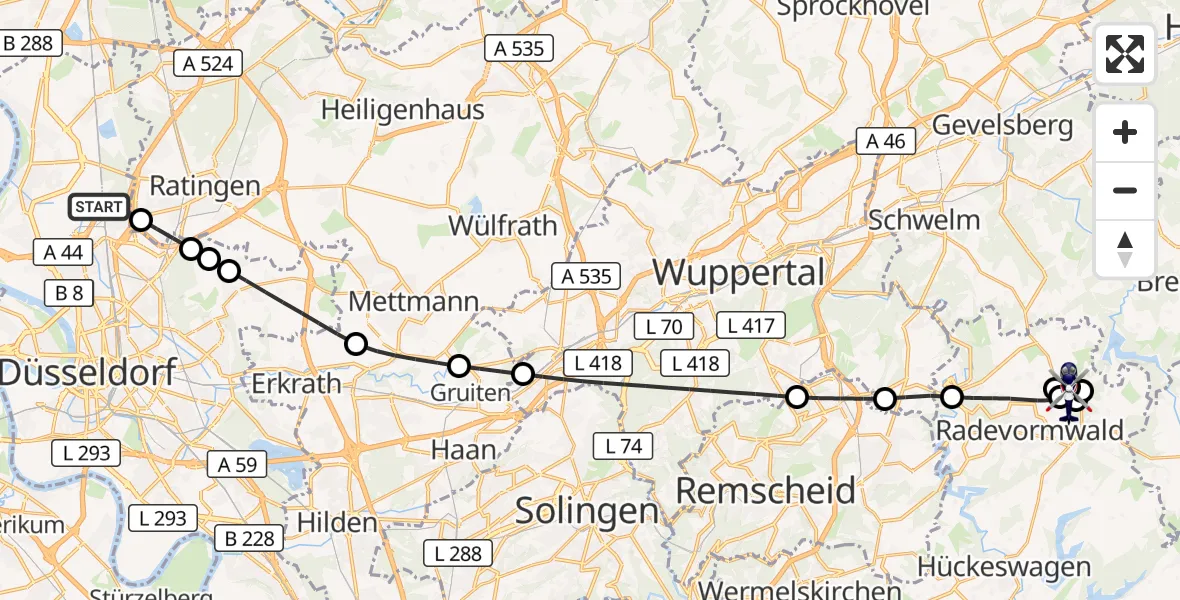 Flugroute Polizeihubschrauber Düsseldorf Flughafen - Radevormwald-Leye Segelfluggelände, 26 Mai 2026, 04:33