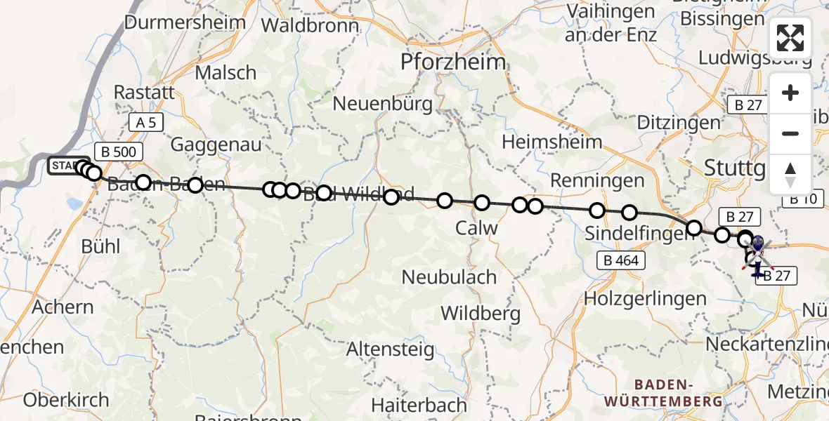 Flugroute Polizeihubschrauber Karlsruhe Baden-Baden Flughafen - Flughafen Stuttgart, 26 Mai 2026, 04:52