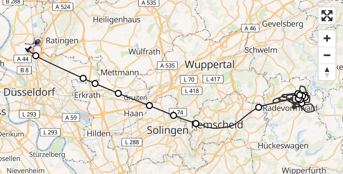 Flugroute Polizeihubschrauber Radevormwald-Leye Segelfluggelände - Düsseldorf Flughafen, 26 Mai 2026, 04:53