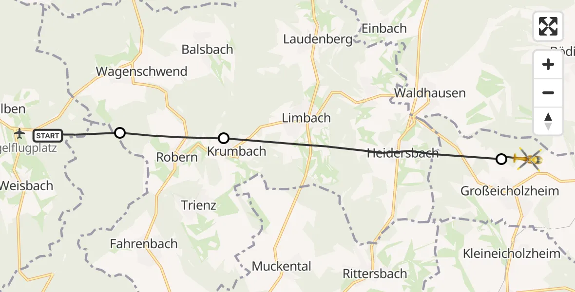 Flugroute Rettungshubschrauber Waldbrunn - Seckach, 26 Mai 2026, 05:01