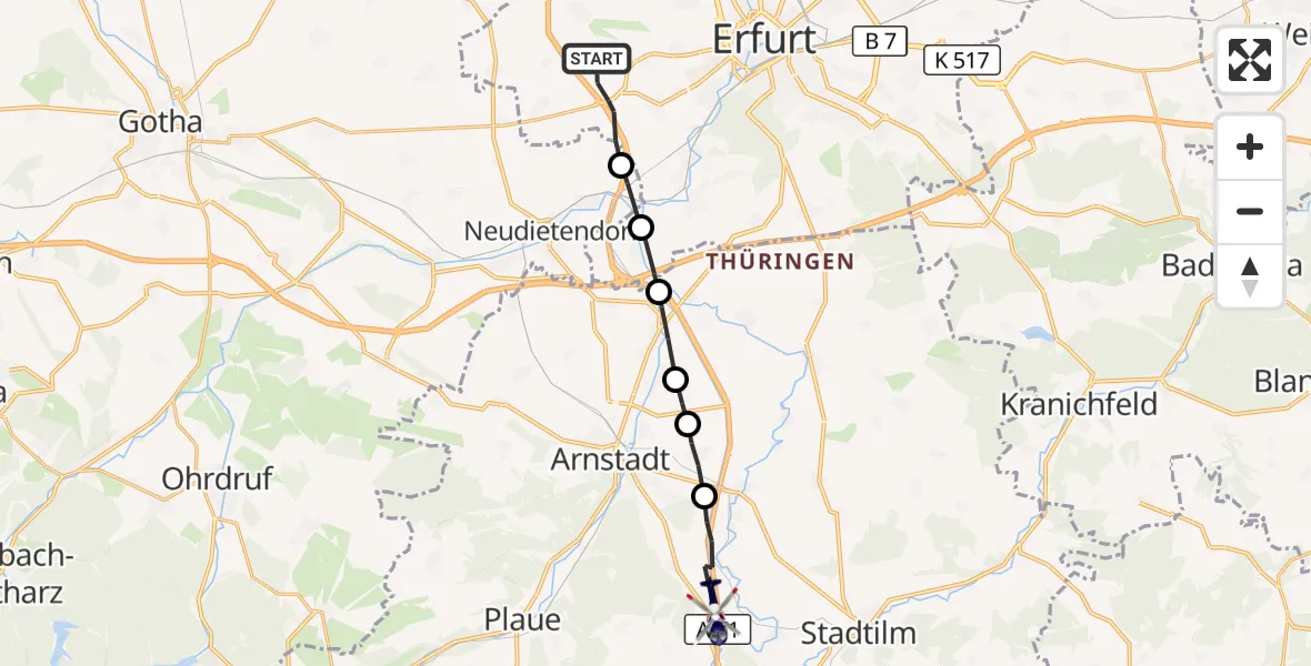 Flugroute Polizeihubschrauber Erfurt - Arnstadt, 26 Mai 2026, 05:04