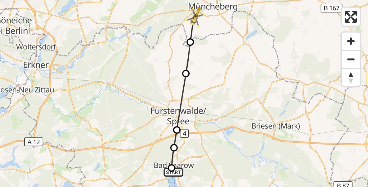Flugroute Rettungshubschrauber Bad Saarow Hospital - Müncheberg, 26 Mai 2026, 05:09