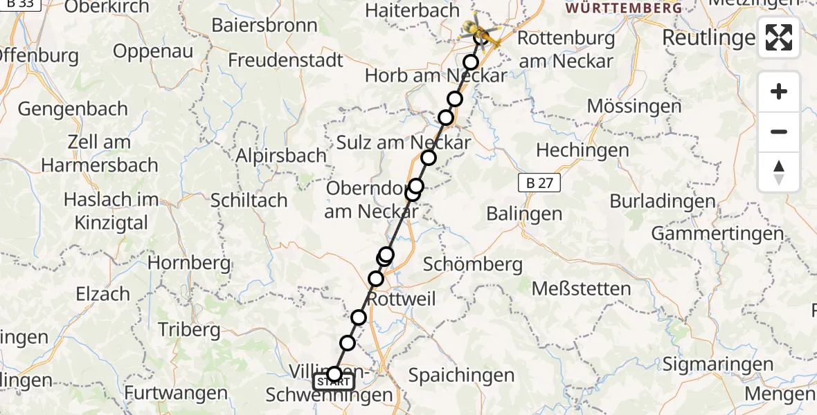 Flugroute Ambulanzhubschrauber DRF Air Rescue Station Villingen-Schwenningen Hubschrauberlandeplatz (Christoph 11) - Rottenburg am Neckar, 26 Mai 2026, 05:12