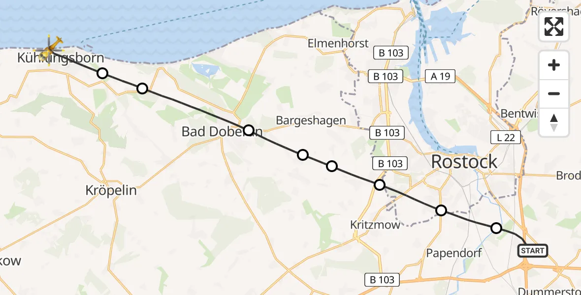 Flugroute Ambulanzhubschrauber Dummerstorf - Kühlungsborn, 26 Mai 2026, 05:20
