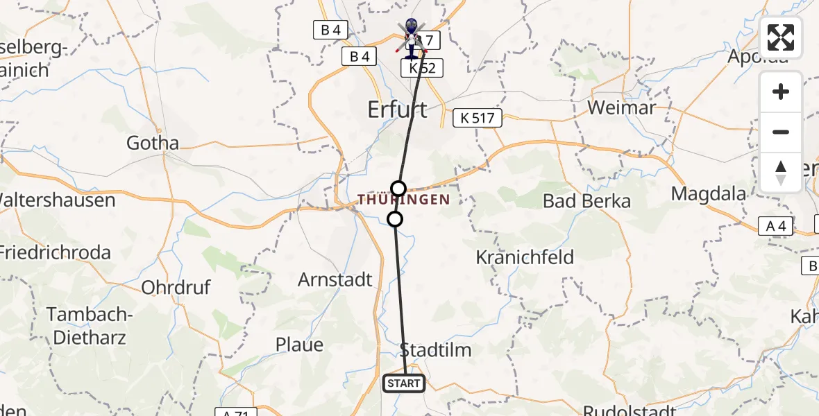 Flugroute Polizeihubschrauber Stadtilm - Erfurt, 26 Mai 2026, 05:23