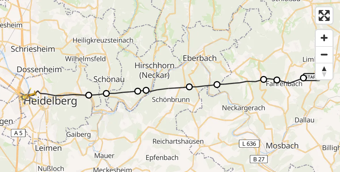Flugroute Rettungshubschrauber Elztal - Heidelberg, 26 Mai 2026, 05:28