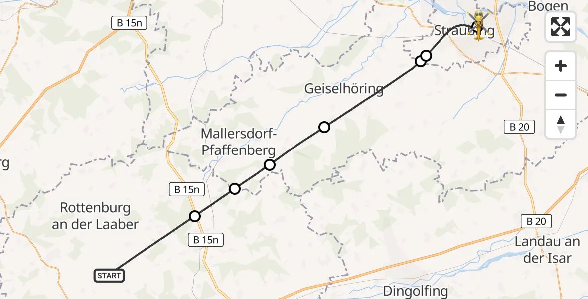 Flugroute Rettungshubschrauber Hohenthann - Sankt Elisabeth Hospital Straubing, 26 Mai 2026, 05:41