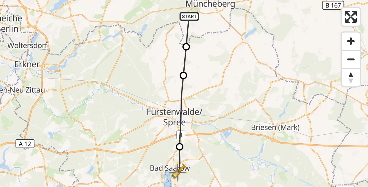 Flugroute Rettungshubschrauber Müncheberg - Bad Saarow, 26 Mai 2026, 05:44