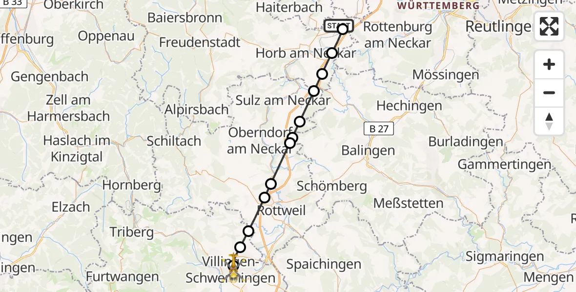 Flugroute Ambulanzhubschrauber Rottenburg am Neckar - DRF Air Rescue Station Villingen-Schwenningen Hubschrauberlandeplatz (Christoph 11), 26 Mai 2026, 05:59