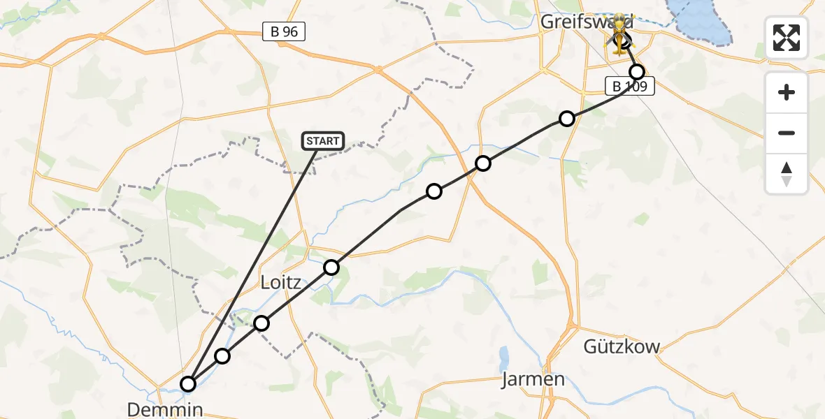 Flugroute Rettungshubschrauber Süderholz - Greifswald Hospital, 26 Mai 2026, 05:59