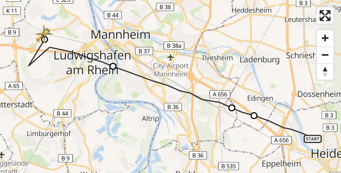 Flugroute Rettungshubschrauber Heidelberg - Ludwigshafen Accident Hospital Hubschrauberlandeplatz, 26 Mai 2026, 06:22