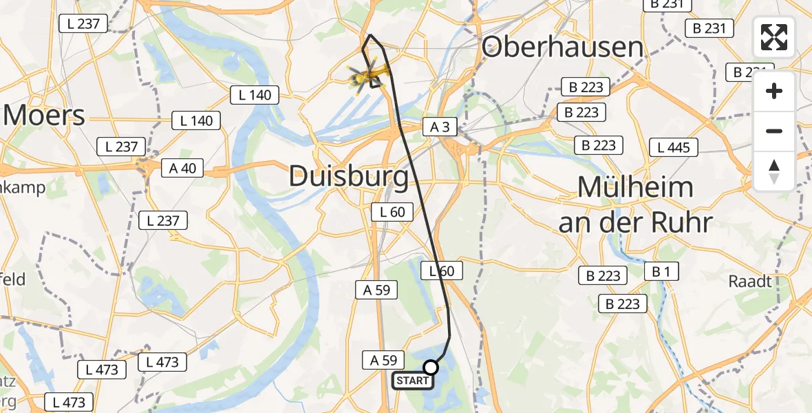 Flugroute Rettungshubschrauber Duisburg Air Rescue Hubschrauberlandeplatz (Christoph 9) - Duisburg, 26 Mai 2026, 06:33